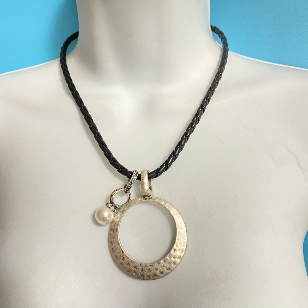 PREMIER DESIGNS Silver Tone Hammered Pendant & Pearl Charm Black Braided Leather